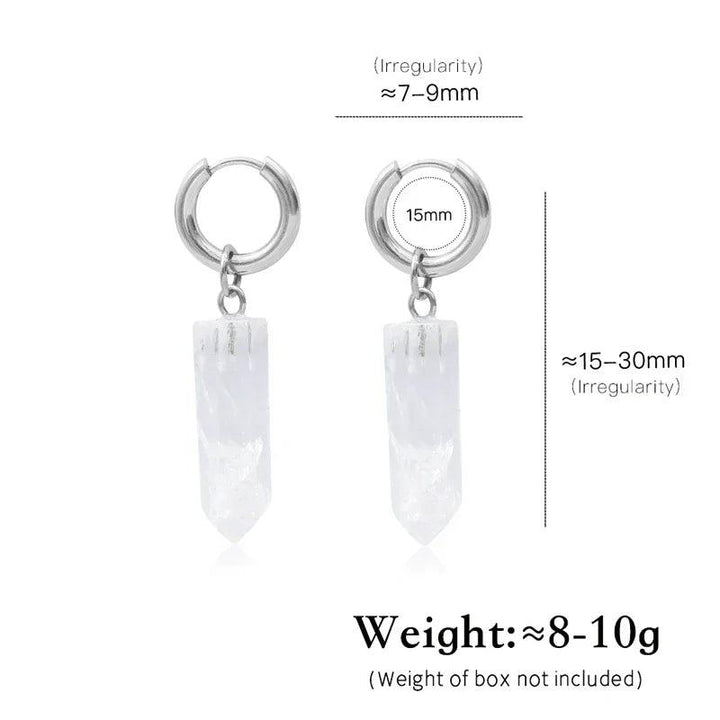 Clear Quartz Crystal Earrings with irregular quartz charm, perfect for DIY jewelry making. Silver hoops with natural crystal pillars.