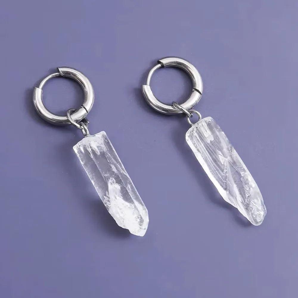 Clear Quartz Crystal Earrings with irregular pillar charms and silver hoops, perfect for DIY jewelry making.