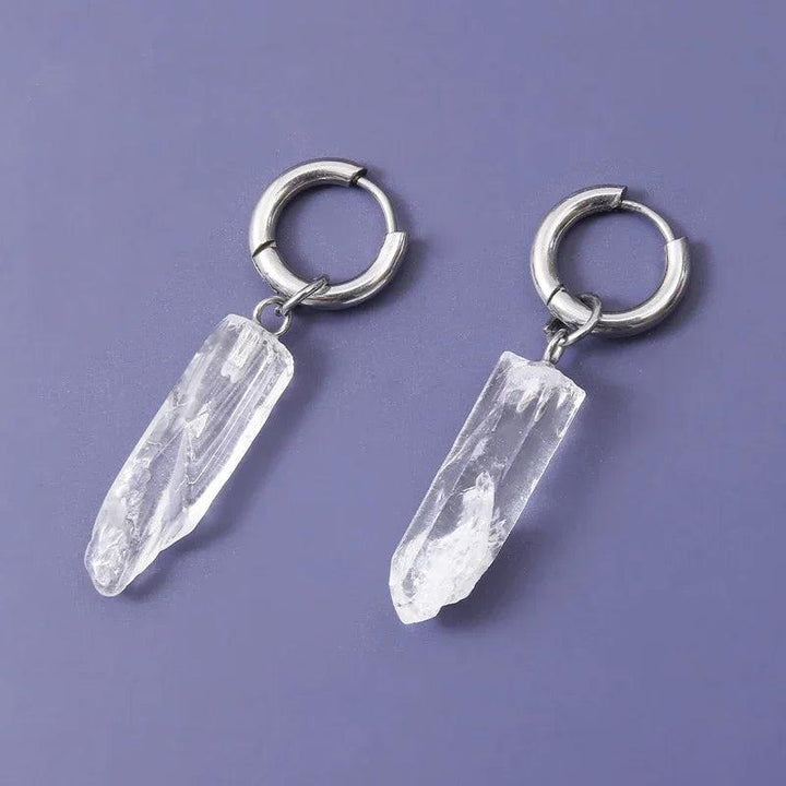 Clear Quartz Crystal Pillar Earrings with silver hoops, perfect for DIY jewelry making.