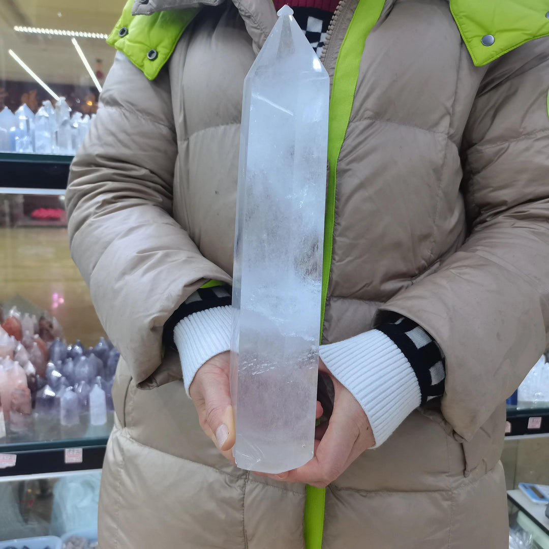 Substantial, polished Clear Quartz Crystal Tower Obelisk for healing, manifestation, and space purification.