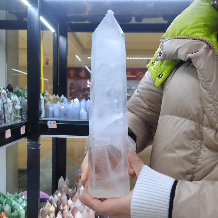 Substantial, polished Clear Quartz Crystal Tower Obelisk, a master healer for amplifying intentions and energy.