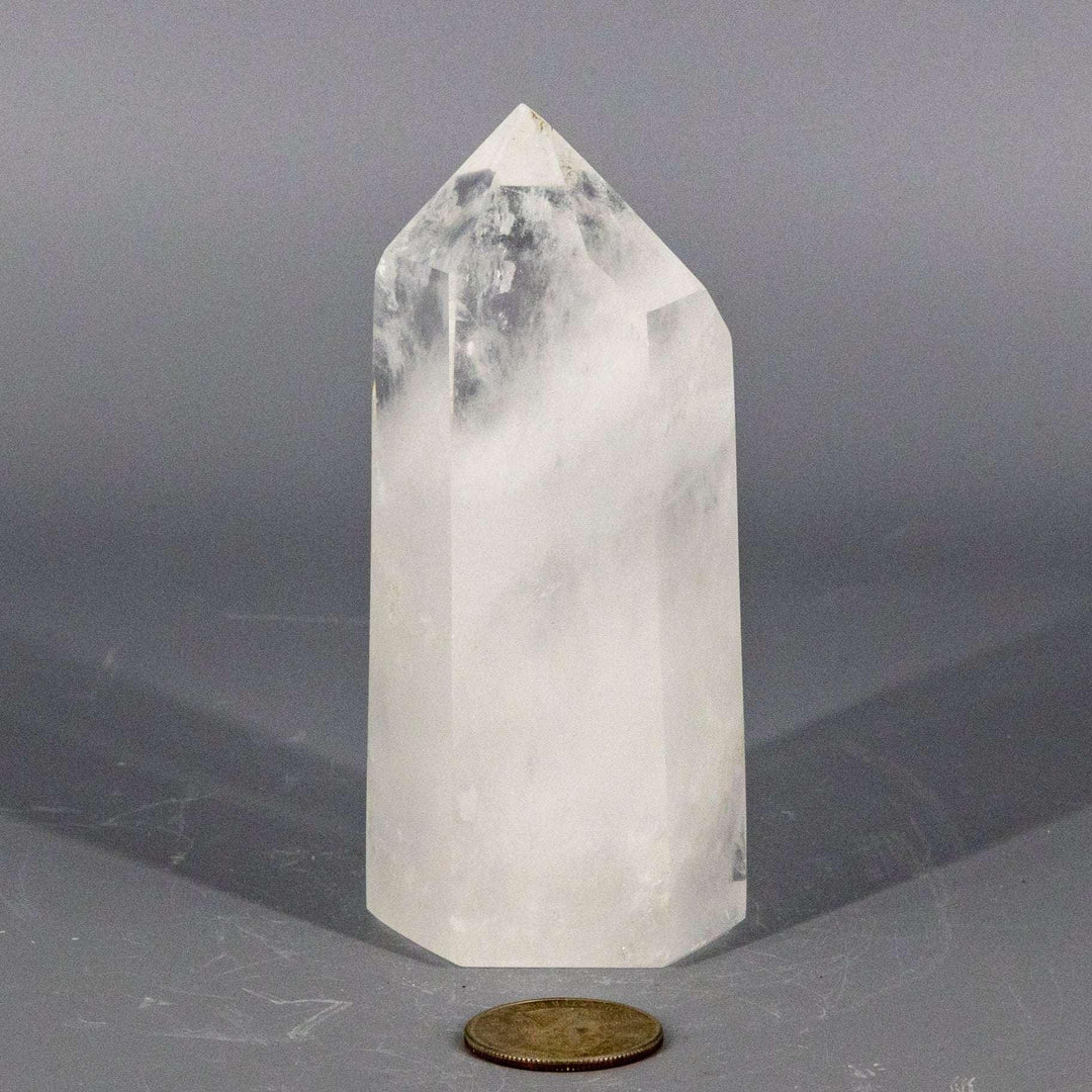 Polished Clear Quartz Crystal Tower, 114mm, for amplifying energy and Crown Chakra healing.