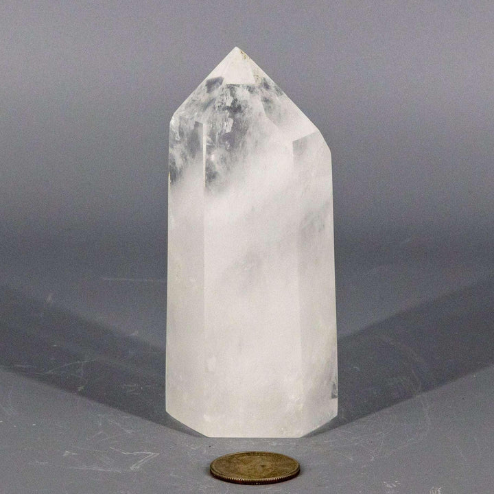 Polished Clear Quartz Crystal Tower, 114mm, for amplifying energy and Crown Chakra healing.