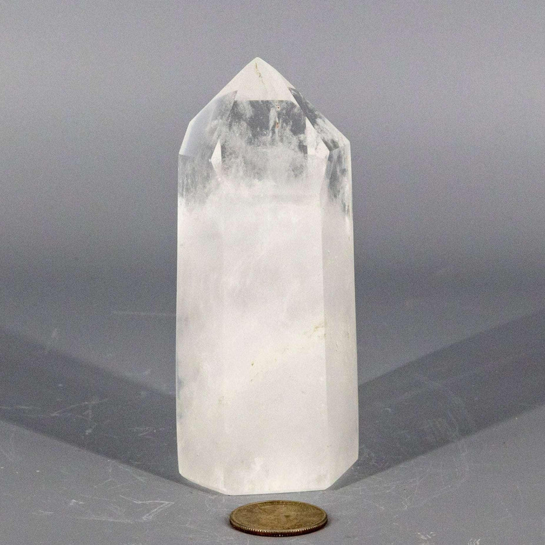 Polished Clear Quartz Crystal Tower, 114mm tall, for amplifying energy and Crown Chakra healing.