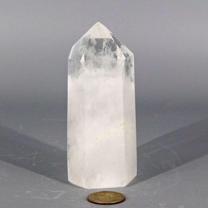 Polished Clear Quartz Crystal Tower, 114mm tall, for amplifying energy and Crown Chakra healing.