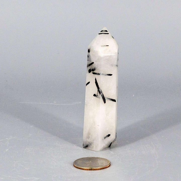 Clear Quartz w/t Black Tourmaline Tower, a unique crystal amplifying energy and shielding against negative influences.