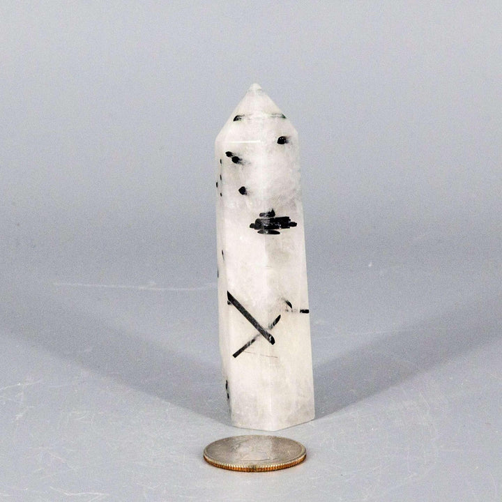 Quartz w/t Black Tourmaline Tower: Clear crystal with striking black inclusions, amplifying energy and shielding.