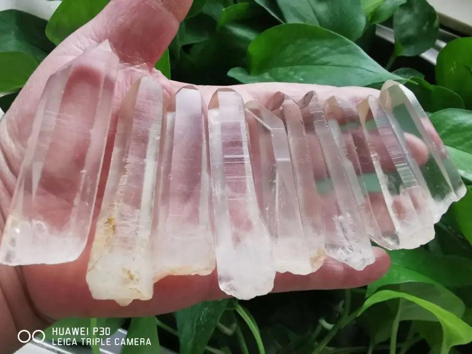 Clear Quartz Lemurian Seed Crystal Natural Wand Points, displaying characteristic horizontal striations and high-vibration energy.