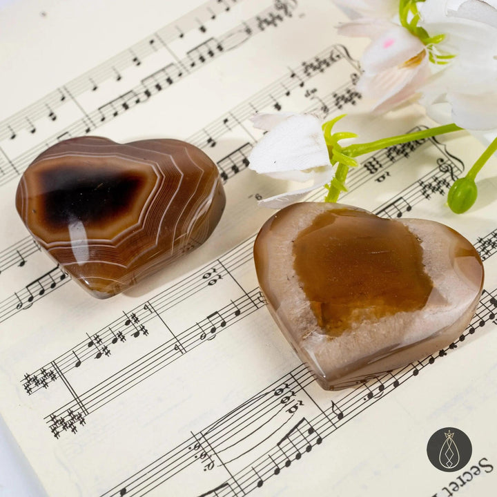 Two polished Coffee Agate crystal hearts from Crystal Destiny, showcasing warm caramel, chocolate, and cream tones on sheet music.