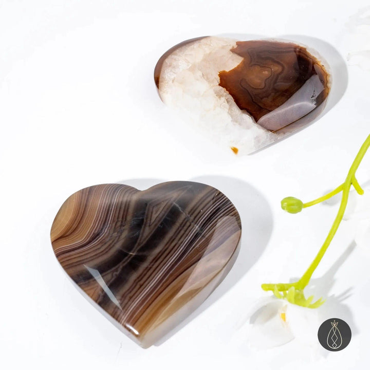 Two polished Coffee Agate crystal hearts from Crystal Destiny, one with a geode cavity, displaying warm brown and cream bands.