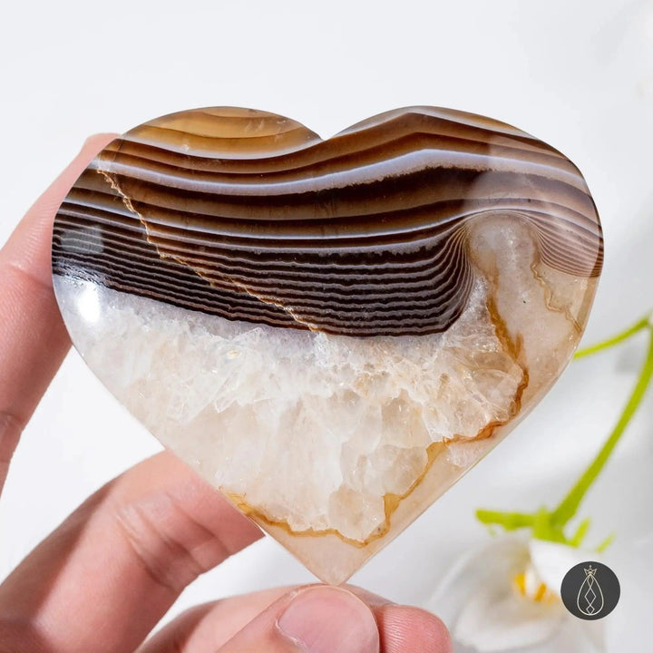 Coffee Agate crystal heart from Crystal Destiny, featuring warm caramel, chocolate, and cream bands.