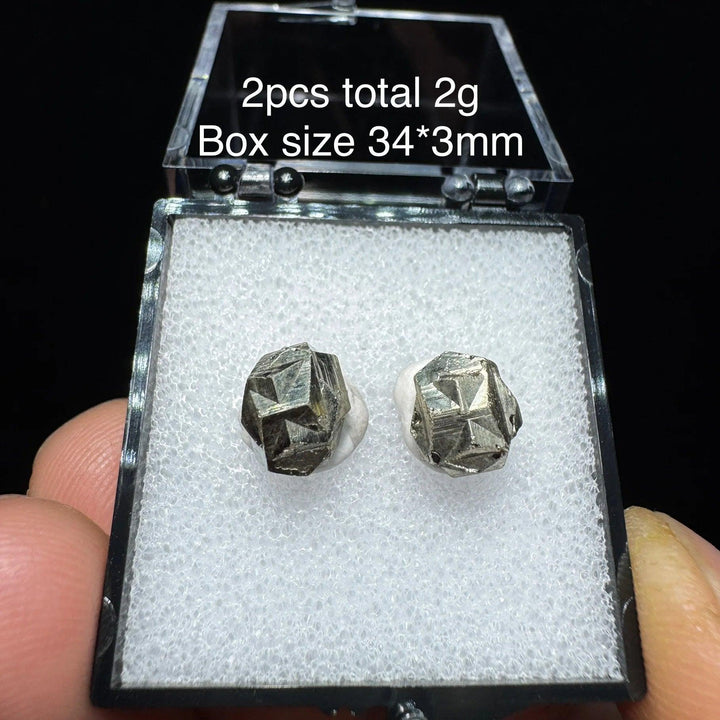 Two raw Colombia Cross Pyrite crystals in a 34mm display box, featuring metallic luster and unique natural geometric shapes.