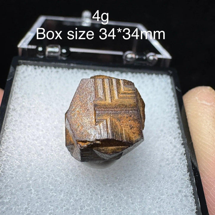 Natural Colombia Cross Pyrite crystal specimen with metallic luster in a 34x34mm display box, perfect for healing decor.