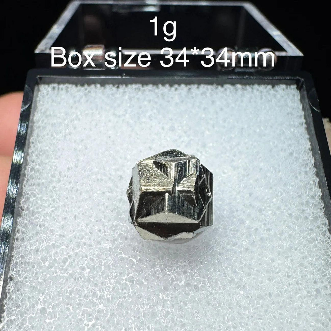 Natural Colombia Cross Pyrite mineral specimen, a metallic raw healing crystal in a 34x34mm display box for home decor.