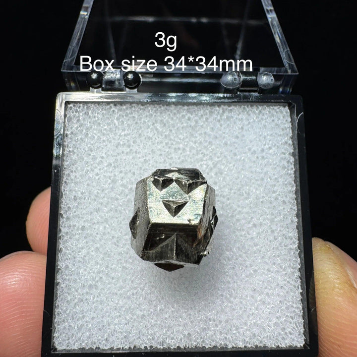 Natural Colombia Cross Pyrite crystal specimen in a 34x34mm display box, featuring metallic luster for healing and decor.