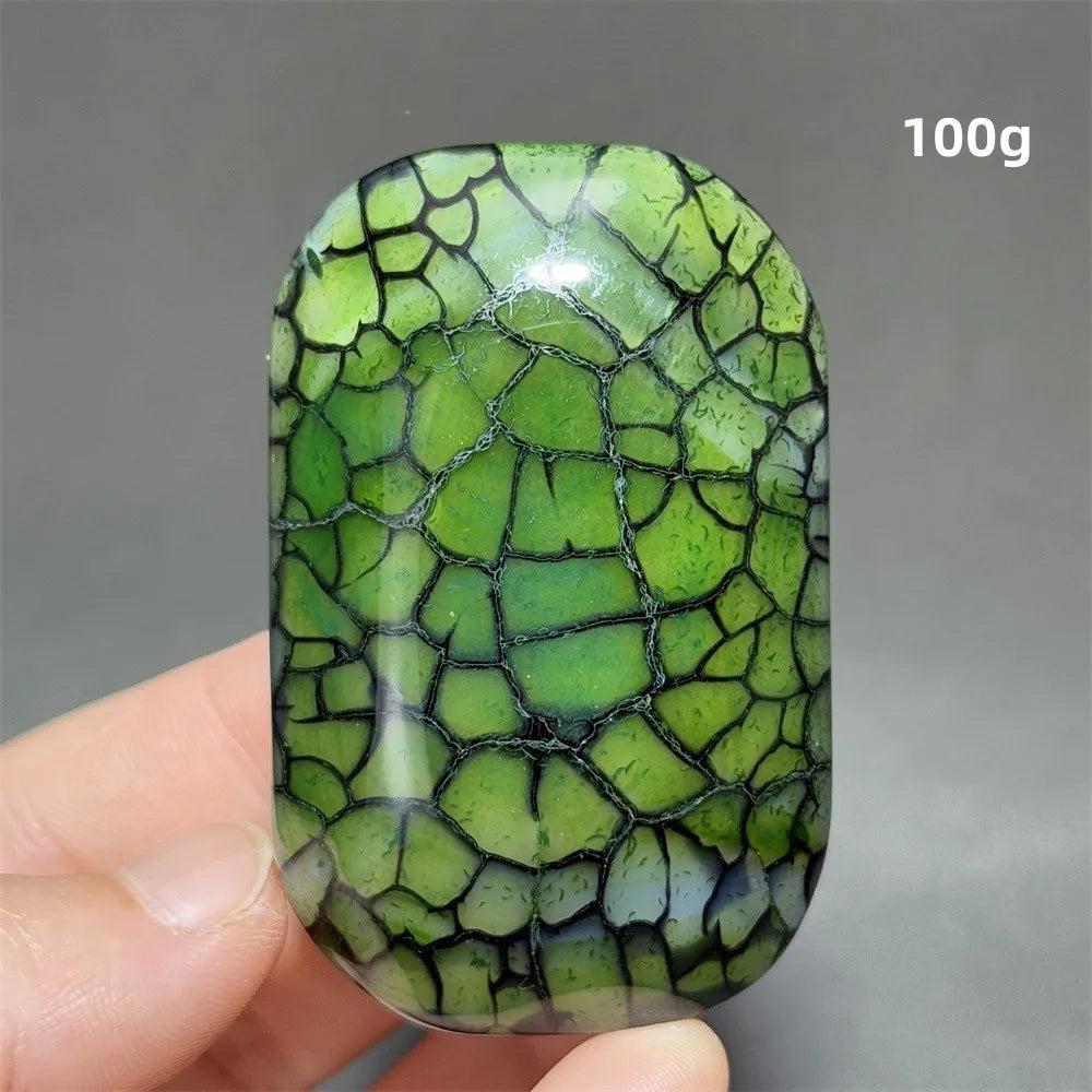 100g polished green dragon pattern agate palm stone, a vibrant healing crystal for meditation and Feng Shui decor.