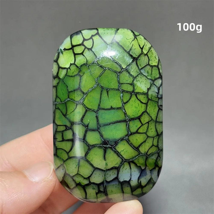 100g polished green dragon pattern agate palm stone, a vibrant healing crystal for meditation and Feng Shui decor.