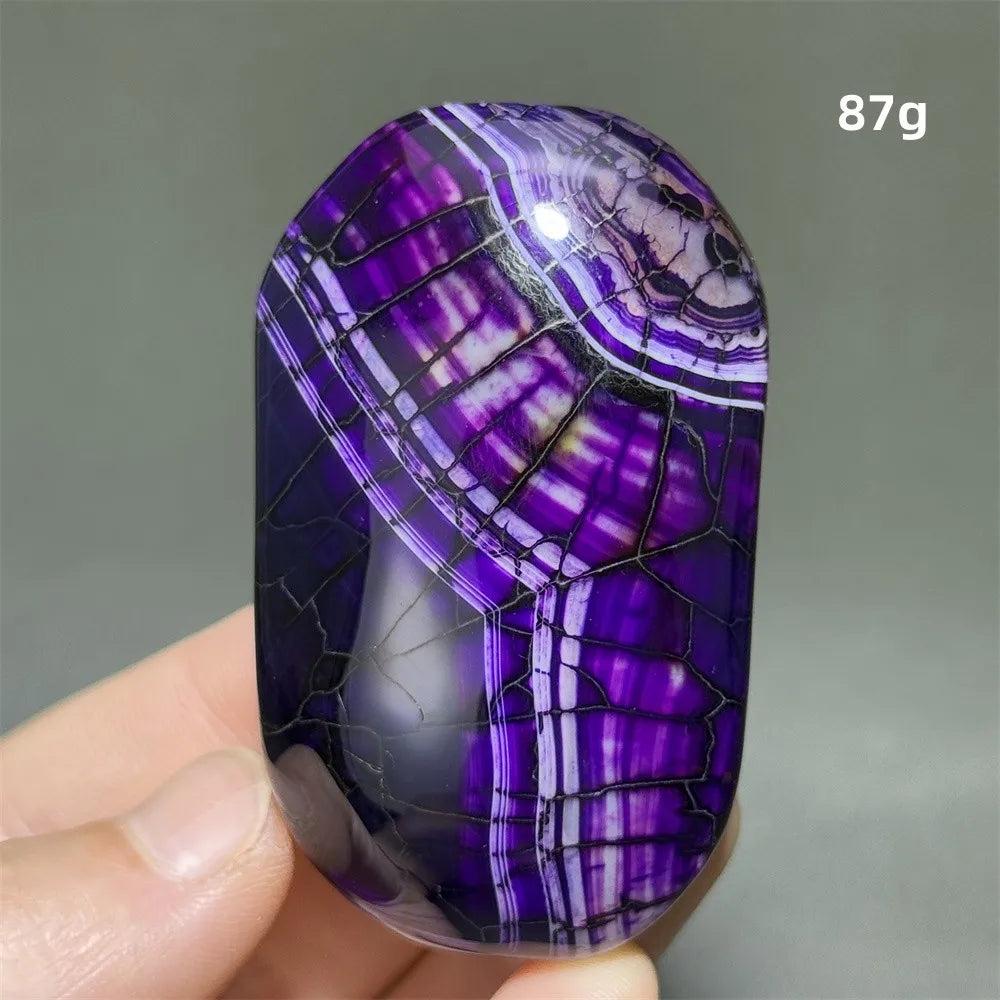 87g polished purple dragon pattern agate palm stone, a vibrant natural crystal for healing, meditation, and decor.