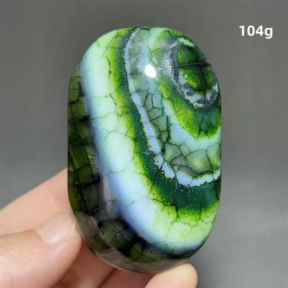 104g polished green dragon pattern agate palm stone for healing, meditation, and natural crystal home decor.