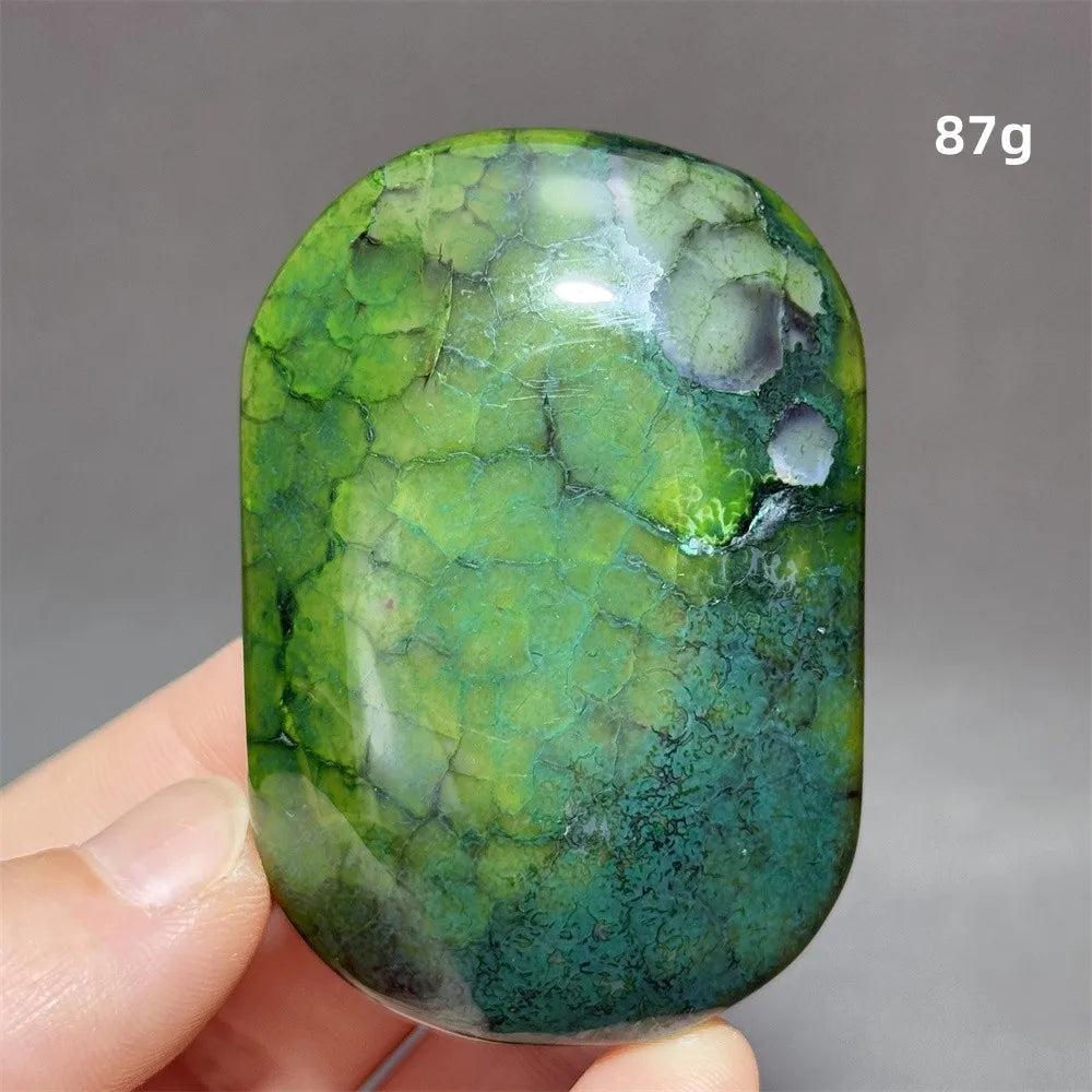 87g polished green dragon pattern agate palm stone, a natural crystal for healing, meditation, and Feng Shui decor.
