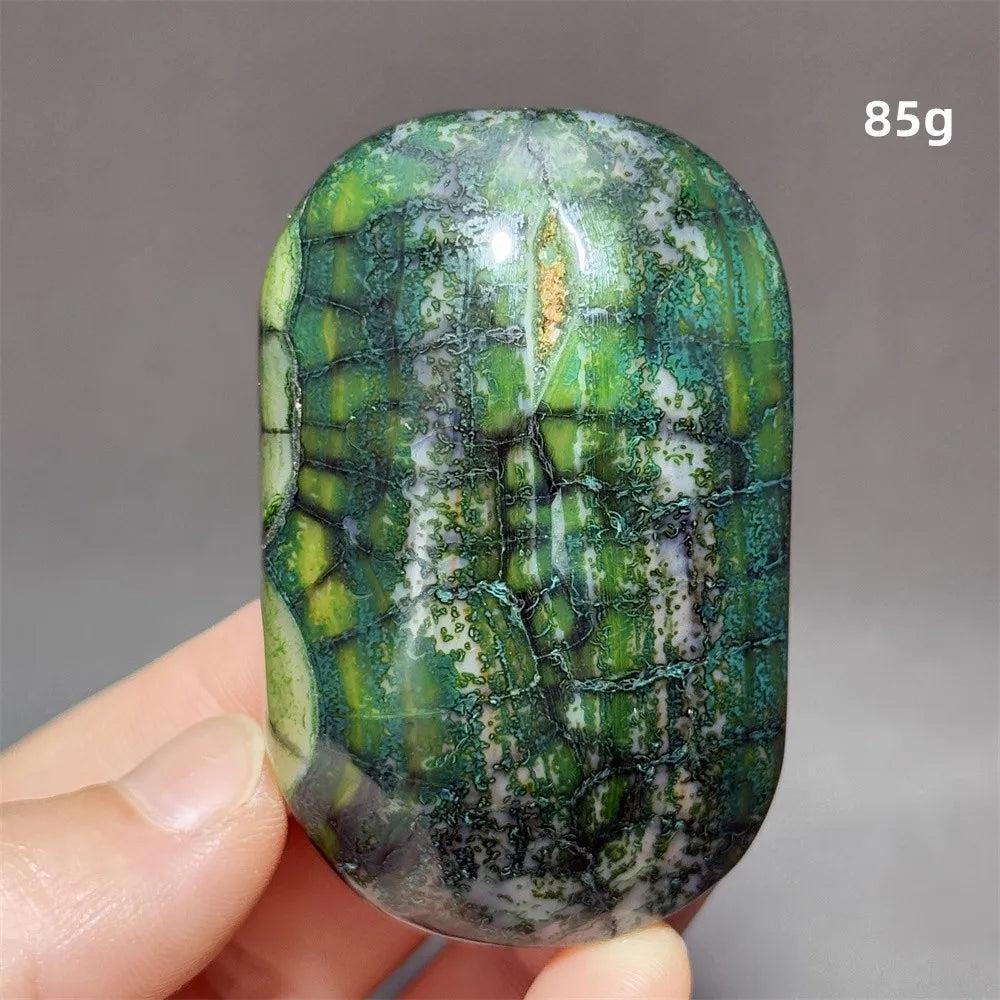85g polished green dragon pattern agate palm stone for healing, meditation, and feng shui home decor.