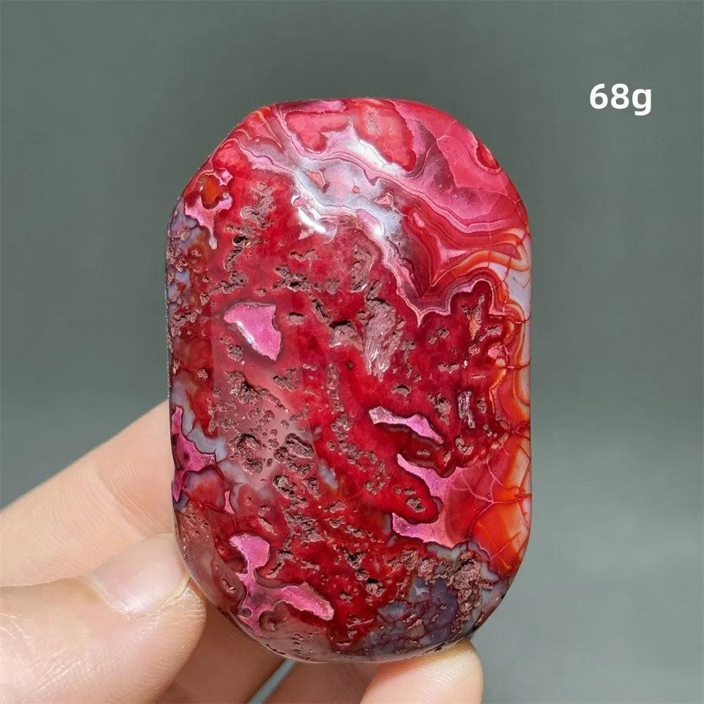 68g vibrant red dragon pattern agate palm stone for healing, meditation, and beautiful natural crystal home decor.
