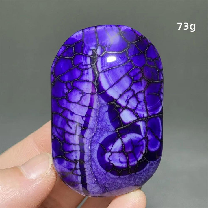73g vibrant purple dragon pattern agate palm stone, a polished natural crystal for healing, meditation, and decor.