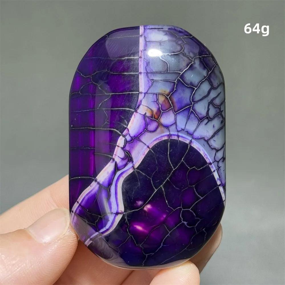 64g purple dragon pattern agate palm stone, a polished healing crystal for meditation, feng shui, and spiritual decor.