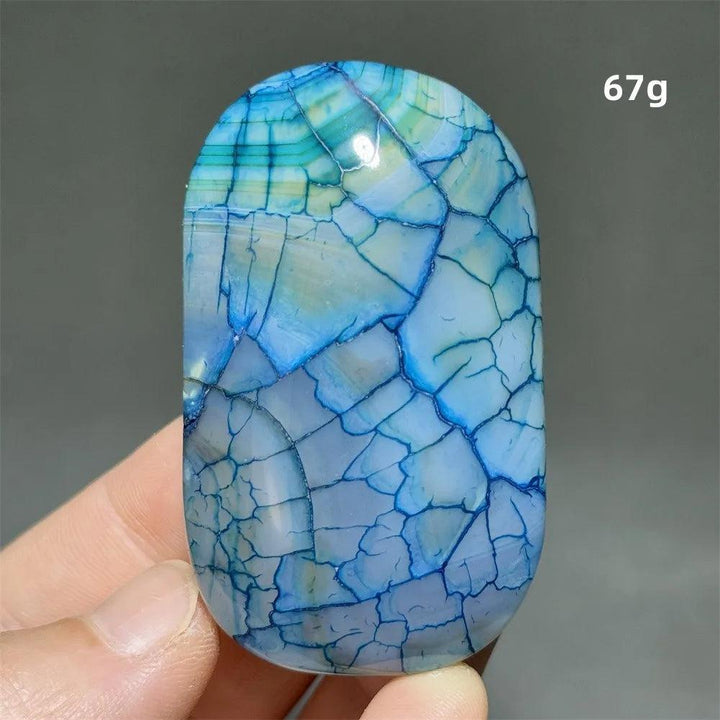 67g colorful dragon pattern agate palm stone with vibrant blue cracked textures for healing, meditation, and home decor.
