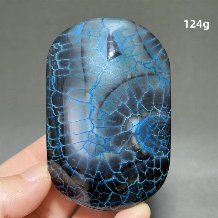 124g blue dragon pattern agate palm stone, a polished natural crystal for healing, meditation, and feng shui decor.