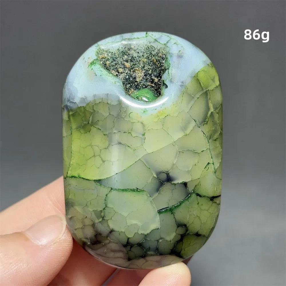 86g Colorful Dragon Pattern Agate palm stone featuring vibrant green cracked textures for healing and meditation decor.