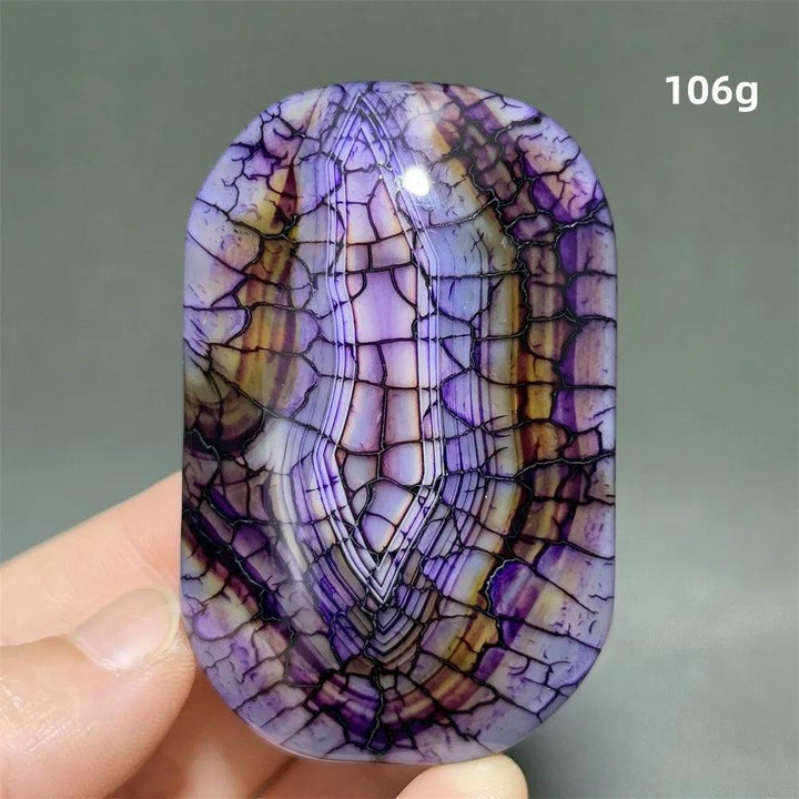 106g purple dragon pattern agate palm stone, a polished natural gemstone for healing, meditation, and spiritual decor.