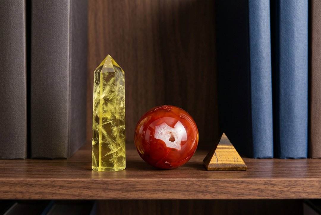Confidence & Courage crystal set: Citrine, Carnelian and Tiger's Eye on a bookshelf