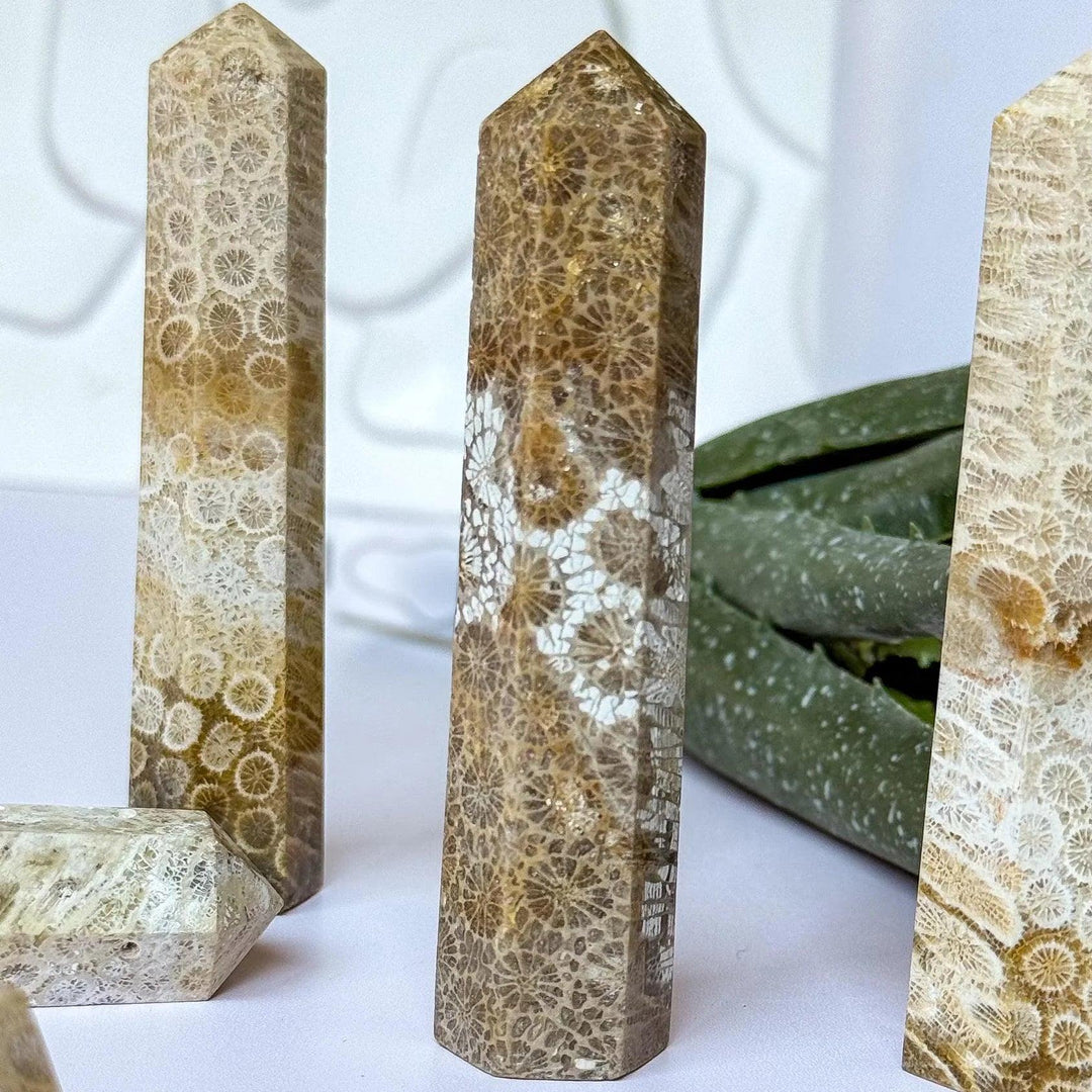 Polished coral jade pillar towers with natural fossil patterns, perfect for healing energy and home decor.