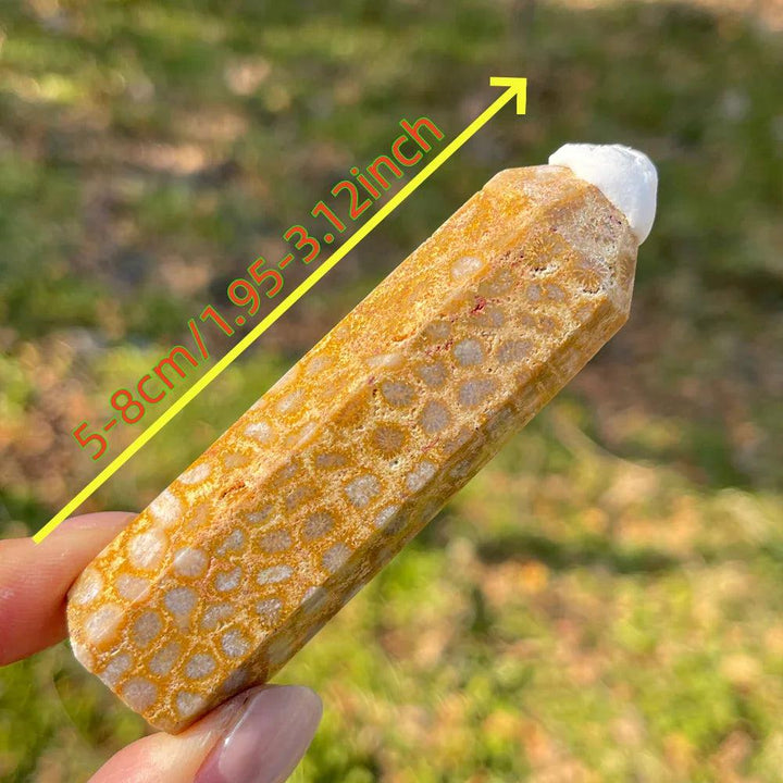 Yellow coral jade pillar tower crystal with natural fossil patterns, measuring 5 to 8 cm for healing energy.