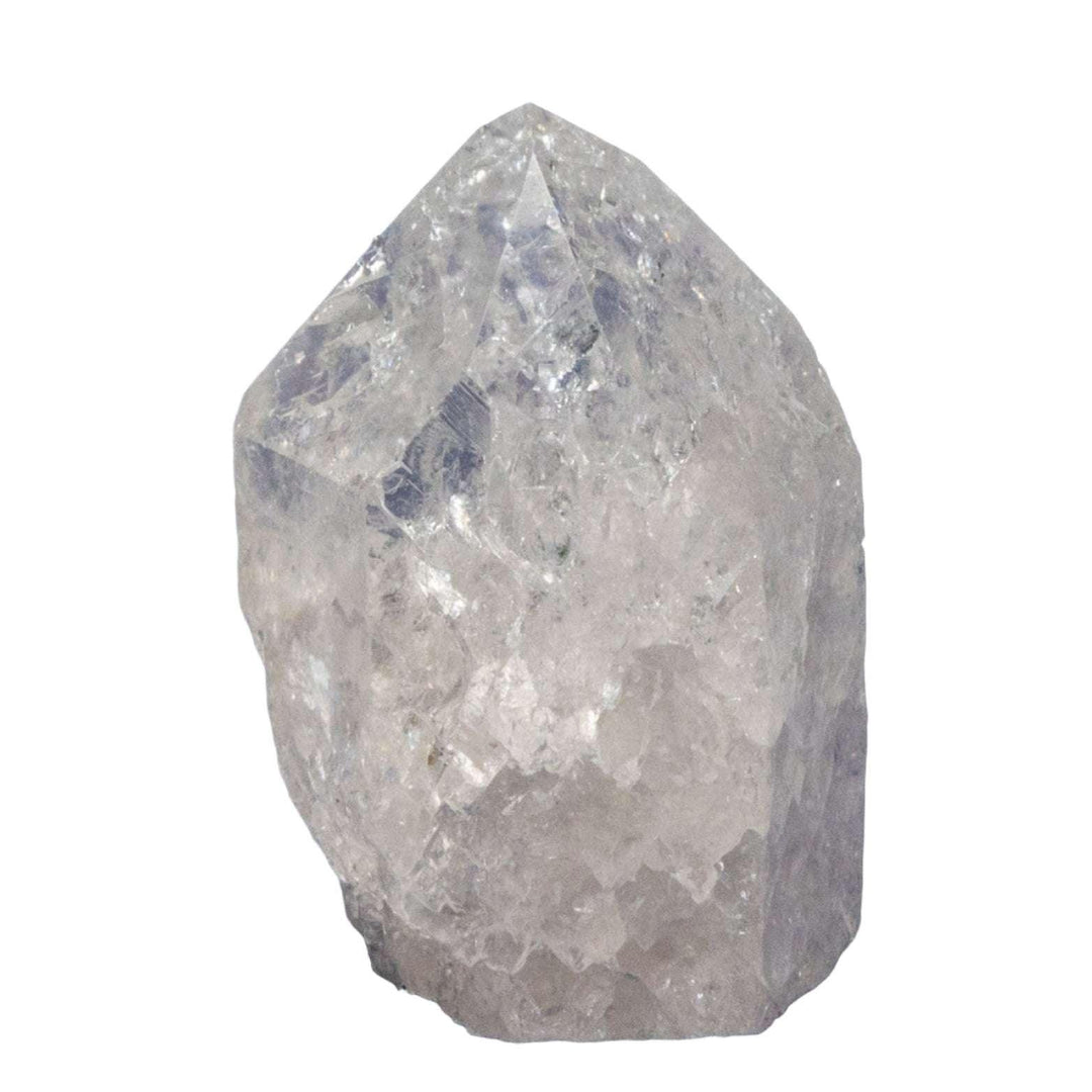 Crackle Clear Quartz Point, 2.75 inch, with internal fractures scattering full-spectrum rainbow flashes.
