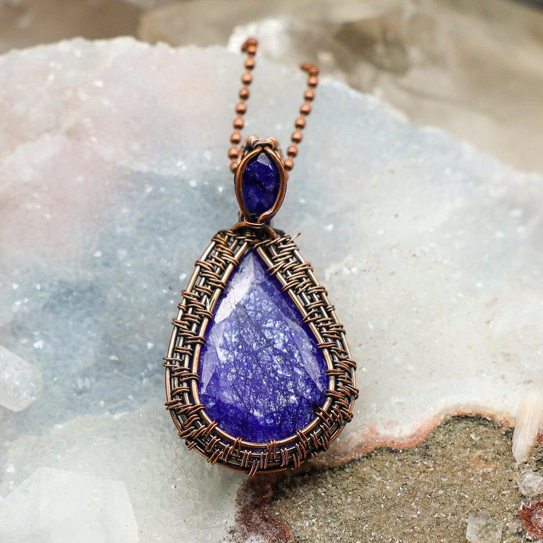 Vibrant purple Crackle Quartz Dyed Wire Wrap Pendant, 2.55" in handcrafted healing copper.