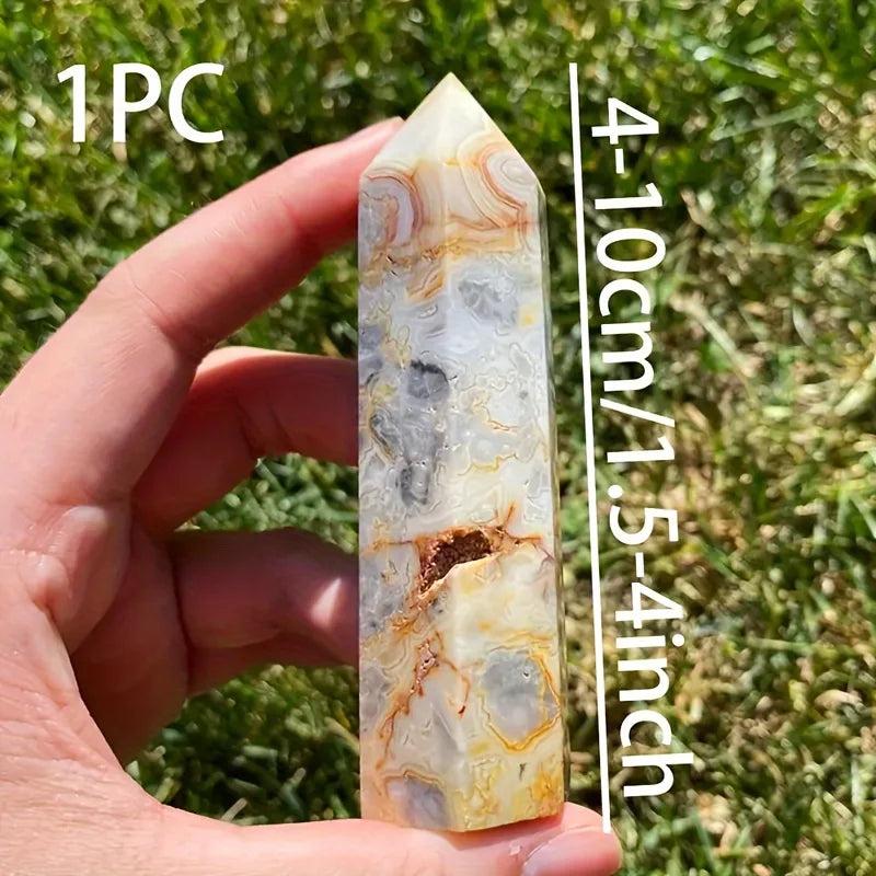 Crazy Lace Agate crystal tower, 4-10cm, with swirling bands of cream, rust, gold, and pink.