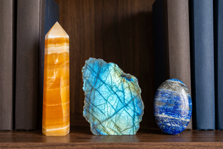 Creativity & Inspiration crystal set: Honey Calcite, Labradorite and Lapis Lazuli on a bookshelf