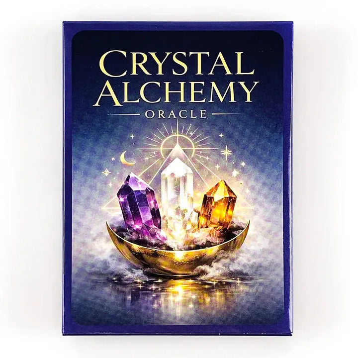 Crystal Alchemy Oracle deck box featuring vibrant amethyst, clear quartz, and citrine crystals in a golden moon bowl.