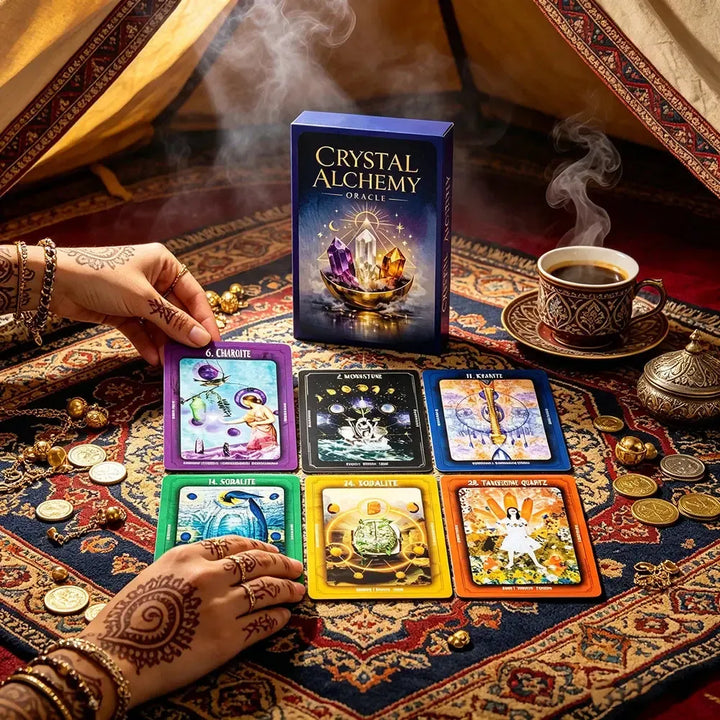 Crystal Alchemy Oracle deck featuring vibrant cards like Charoite and Sodalite for spiritual guidance and crystal healing.