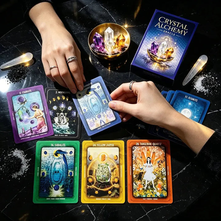Crystal Alchemy Oracle cards featuring vibrant Sodalite, Yellow Jasper, and Tangerine Quartz designs for spiritual guidance.