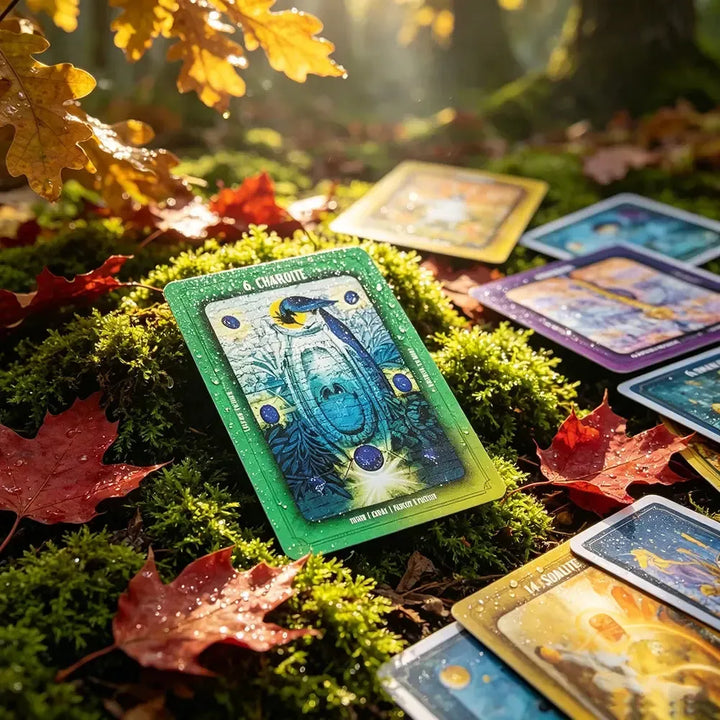 Crystal Alchemy Oracle card featuring Charoite on mossy forest ground, perfect for spiritual guidance and healing.