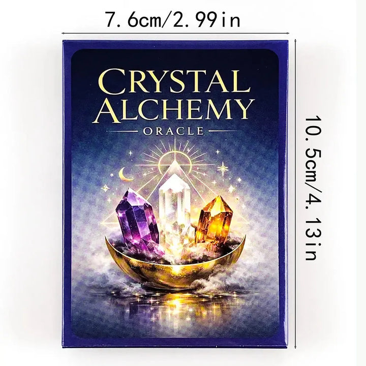 Crystal Alchemy Oracle deck featuring vibrant amethyst, clear quartz, and citrine crystals in a golden bowl for healing.