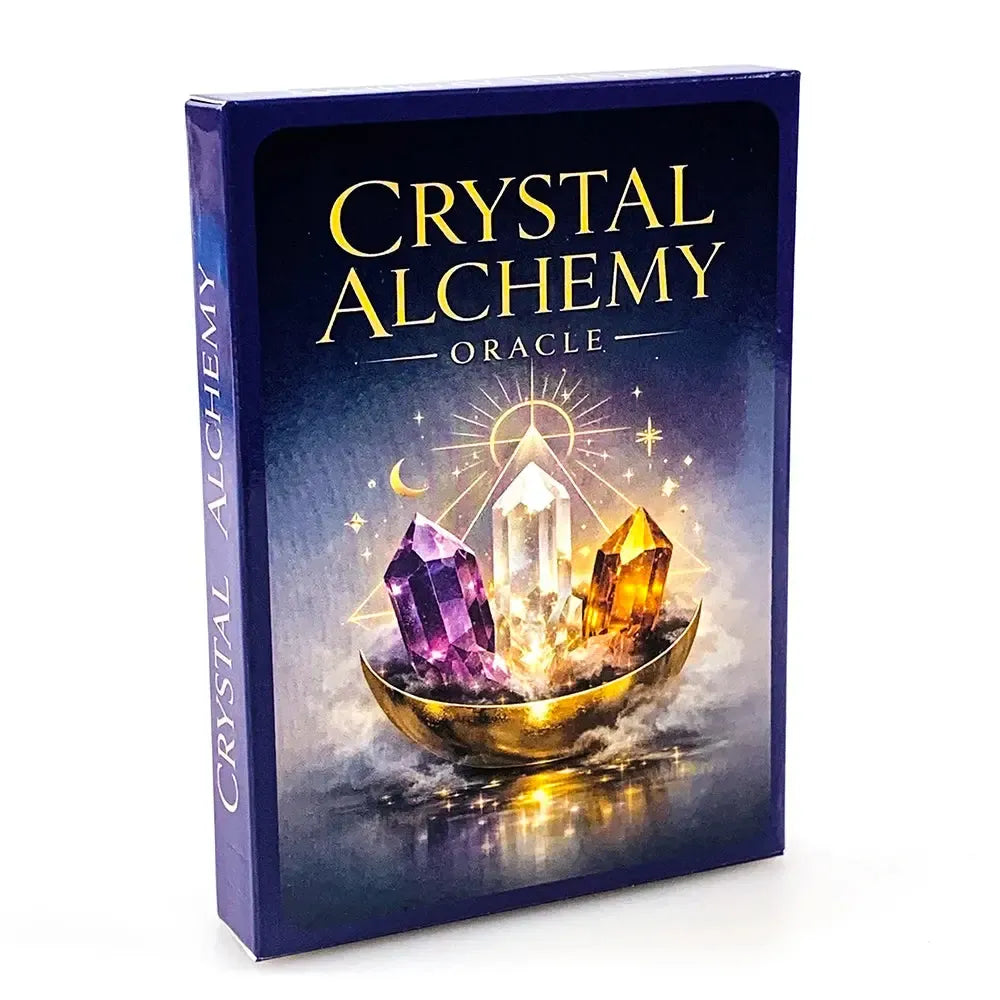 Crystal Alchemy Oracle deck box featuring vibrant amethyst, clear quartz, and citrine crystals in a golden moon cradle.
