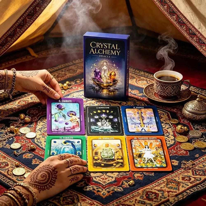 Crystal Alchemy Oracle deck featuring vibrant cards like Charoite and Sodalite for spiritual guidance and crystal healing.