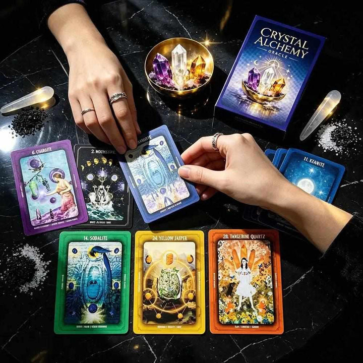 Crystal Alchemy Oracle cards featuring vibrant Sodalite, Yellow Jasper, and Tangerine Quartz designs for spiritual guidance.