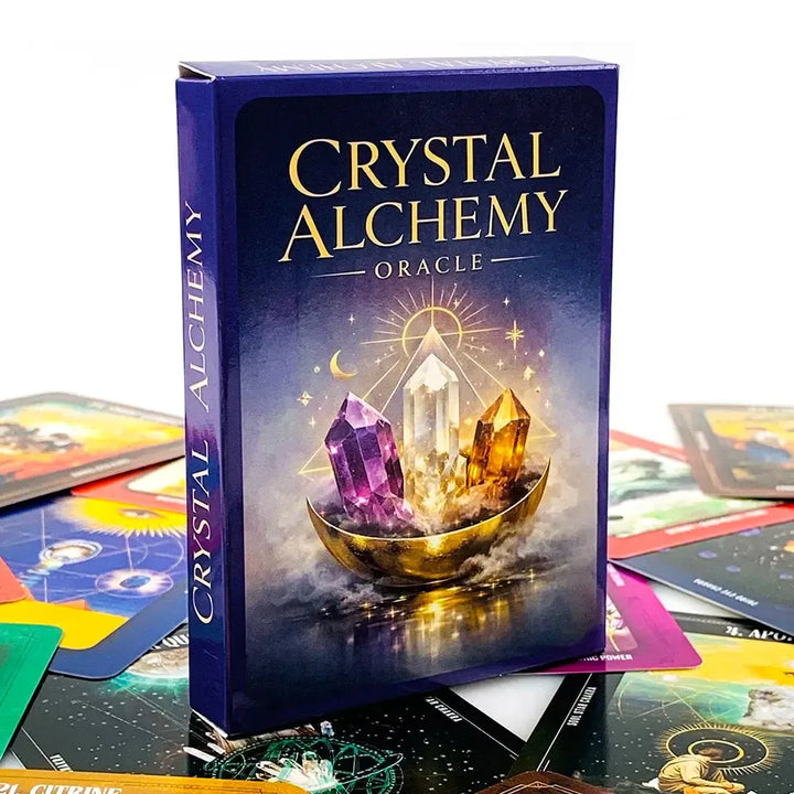 Crystal Alchemy Oracle deck box featuring amethyst, clear quartz, and citrine crystals for spiritual healing and guidance.
