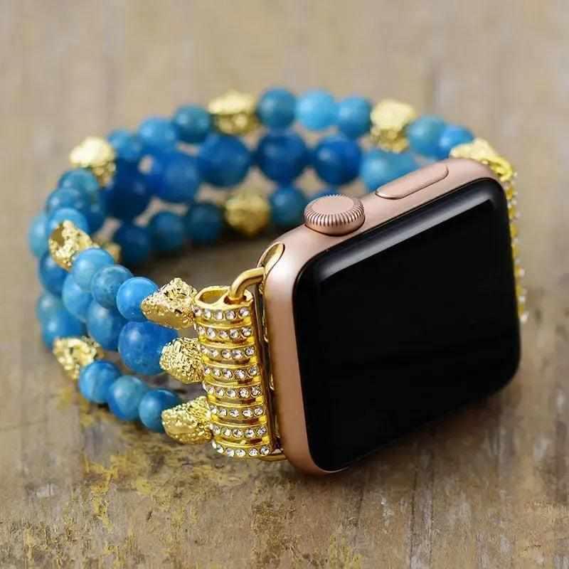 Vivid blue Apatite crystal beaded Apple Watch band with gold accents for calming energy.