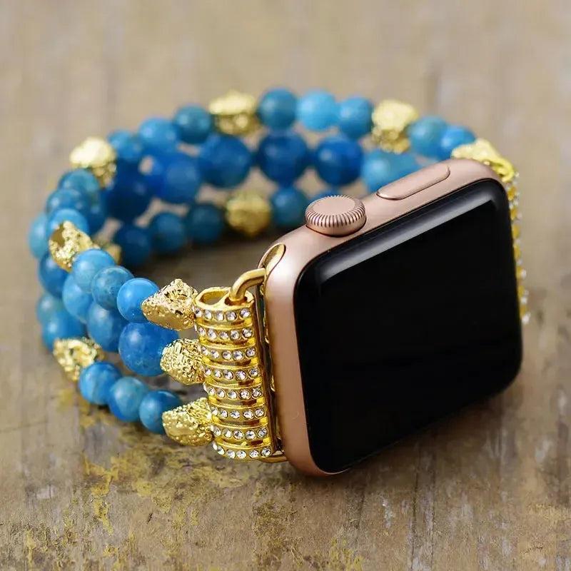 Rose Quartz Apple iWatch Band: Stretchy beaded band with soft pink rose quartz and gold accents, infusing loving energy.